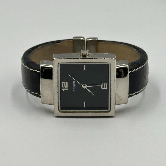Pedre Watch Women Silver Tone Black Square Dial 27MM Cuff Band New Battery 6" - Picture 1 of 12